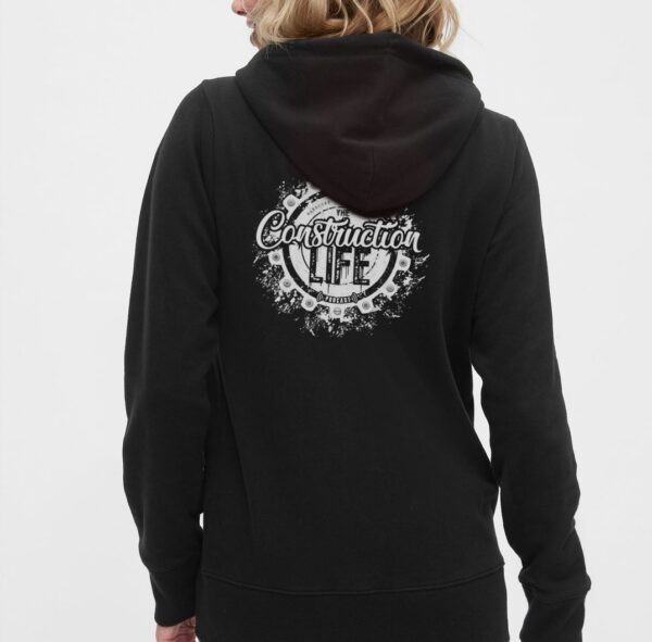 The Construction Life logo printed on black hoodie